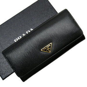 Prada Fold Long Wallet Triangle Black Saffiano Leather